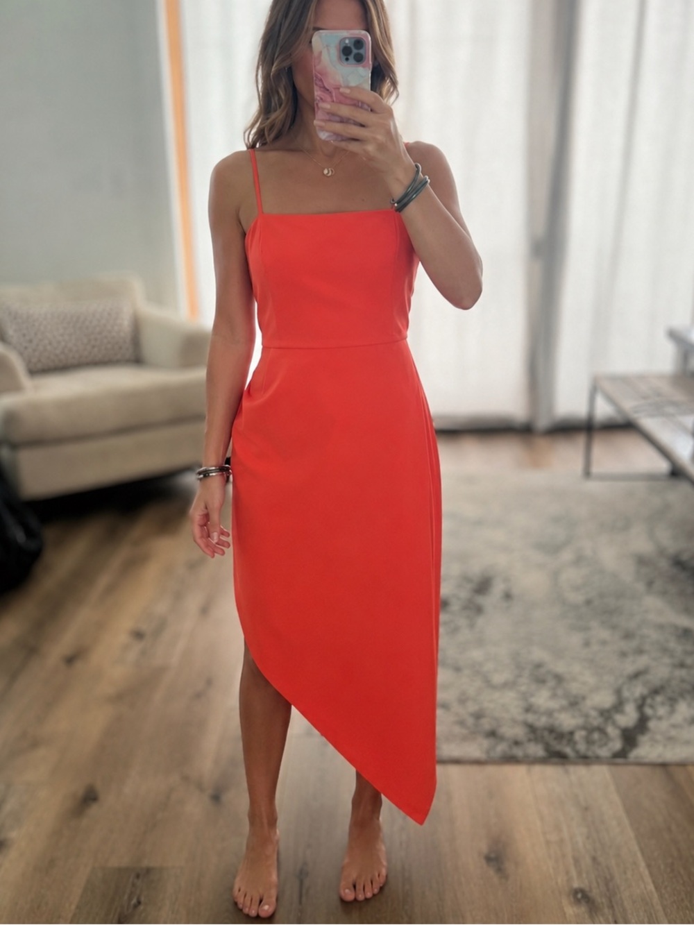 Gianni Bini Orange Asymmetrical Ruched Cocktail Dress